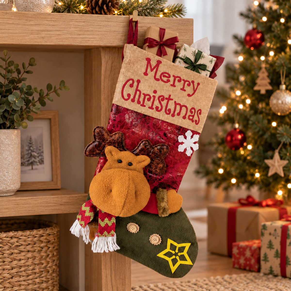 Calcetín de Navidad para rellenar con motivo de reno