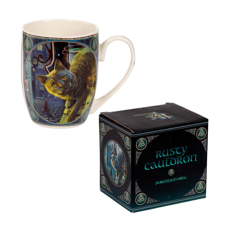 Porcelain mug with cat and rusty cauldron