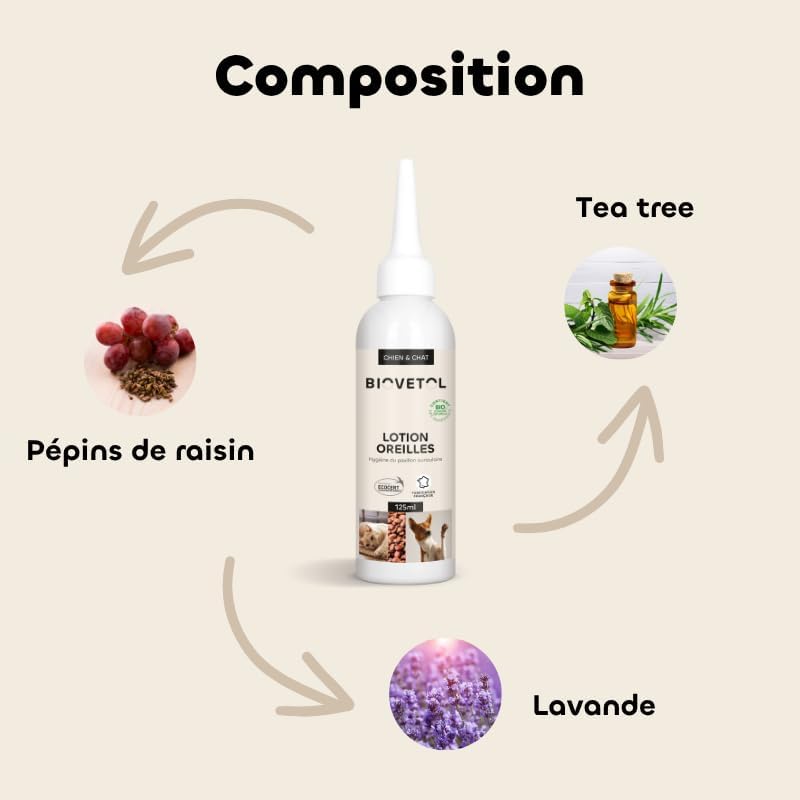 Lotion nettoyante bio pour les oreilles des chiens et chats