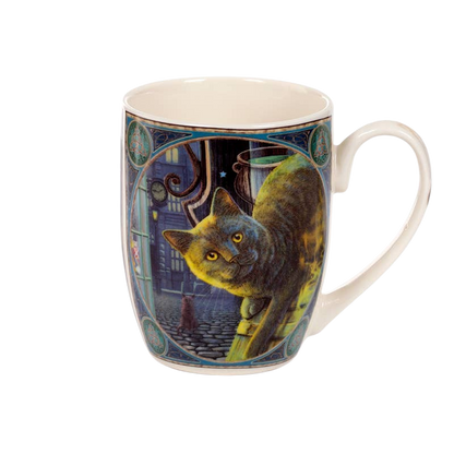 Tazza in porcellana con gatto e calderone arrugginito