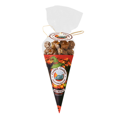 Halloween turkey and pumpkin dog treat cone