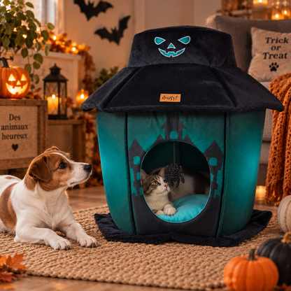 Glow-in-the-dark haunted manor for cats and small dogs